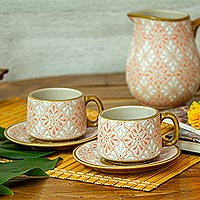 Ceramic cups and saucers, 'Flourish in Coral' (pair) - Artisan Crafted Ceramic Cups and Saucers (Pair)