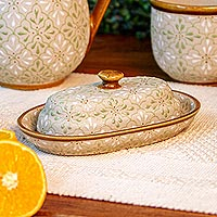 Ceramic butter dish, 'Flourish in Green' - Handmade Pottery Butter Dish