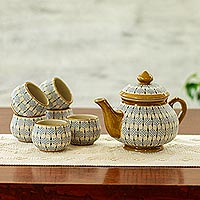 Ceramic tea set, 'Web of Dew' (set for 6) - Hand Painted Ceramic Tea Set for 6