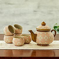 Ceramic tea set, 'Flourish in Coral' (set for 6) - Artisan Crafted Coral Tea Set (Set for 6)