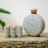 Ceramic tequila set, 'Web of Dew' (set for 6) - Handmade Ceramic Tequila Decanter and Cups (6)