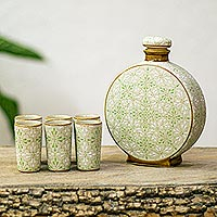 Ceramic tequila set, 'Flourish in Green' (set for 6) - Handmade Ceramic Tequila Decanter and Cups (6)
