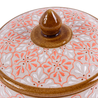 Ceramic lidded serving bowl, 'Flourish in Coral' - Lidded Ceramic Salsa Bowl