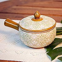 Ceramic lidded serving bowl, 'Flourish in Green' - Handmade Lidded Ceramic Salsa Bowl