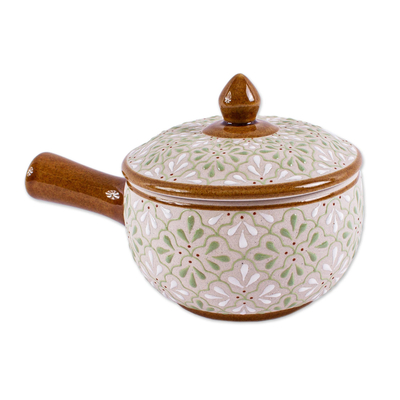 Ceramic lidded serving bowl, 'Flourish in Green' - Handmade Lidded Ceramic Salsa Bowl
