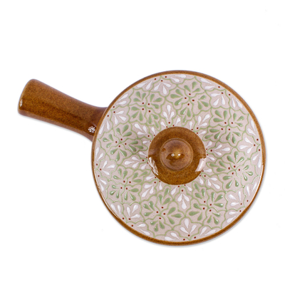 Servierschale aus Keramik mit Deckel, 'Flourish in Green' - Handgemachte Keramik Salsa Schüssel mit Deckel