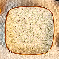 Ceramic serving plate, 'Flourish in Green' - Square Hand Painted Serving Plate