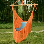 Cotton hammock swing, 'Sea Breezes in Orange' - Orange Fringed Cotton Rope Mayan Hammock Swing from Mexico