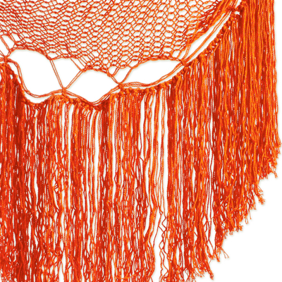 Cotton hammock swing, 'Sea Breezes in Orange' - Orange Fringed Cotton Rope Mayan Hammock Swing from Mexico