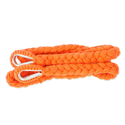 Cotton hammock swing, 'Sea Breezes in Orange' - Orange Fringed Cotton Rope Mayan Hammock Swing from Mexico