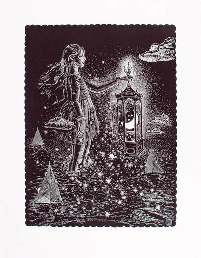 'Light Like Water' - Signed Surrealist Girl and Moon Linoleum Print from Mexico