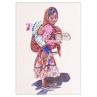 'Little Basket Vendor' (2021) - Signed and Framed Portrait of a Tarahumara Girl from Mexico