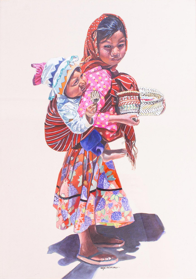 'Little Basket Vendor' (2021) - Signed and Framed Portrait of a Tarahumara Girl from Mexico
