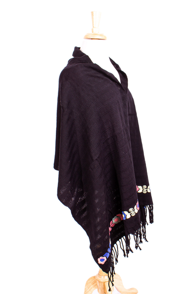 Cotton shawl, 'Chiapas Flower' - Handwoven Black Floral Embroidered Cotton Shawl from Mexico