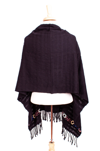 Cotton shawl, 'Chiapas Flower' - Handwoven Black Floral Embroidered Cotton Shawl from Mexico