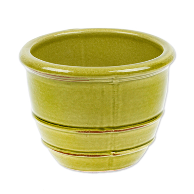 Ceramic flower pot, 'Classic Olive' - Glazed Green Ceramic Flower Pot from Mexico