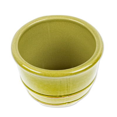 Ceramic flower pot, 'Classic Olive' - Glazed Green Ceramic Flower Pot from Mexico
