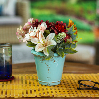 Ceramic flower pot, 'Baroque Aqua' - Aqua Blue Ceramic Planter Artisan Crafted in Mexico