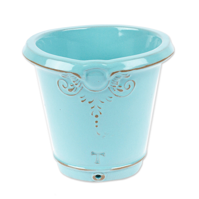 Ceramic flower pot, 'Baroque Aqua' - Artisan Crafted Aqua Blue Planter