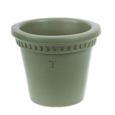 Ceramic flower pot, 'Classic Lines' - Handmade Green Ceramic Planter Pot from Mexico