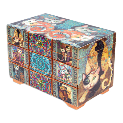 Decoupage jewelry box, 'Protective Cats' - Decoupage Cats Jewelry Box from Mexico