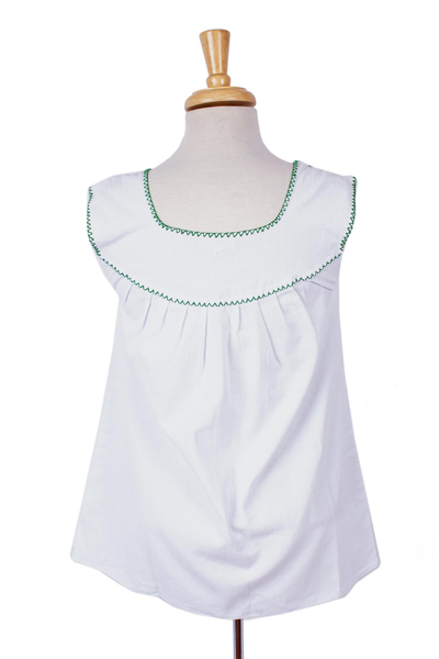 Embroidered cotton blouse, 'Poem in Green' - Hand Embroidered White Cotton Blouse with Green Embroidery