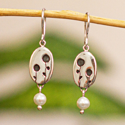 Cultured pearl dangle earrings, 'Miracle Pearls' - Taxco Silver and Cultured Pearl Dangle Earrings from Mexico