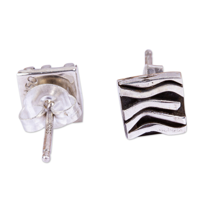 Silver stud earrings, 'Curvilinear' - Patterned Taxco Silver Square Stud Earrings from Mexico
