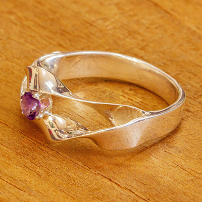 Amethyst solitaire ring, 'Magic Waves' - 925 Sterling Silver and Amethyst Solitaire Ring from Mexico