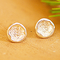 Sterling silver stud earring, 'Lunar Globes' - 925 Sterling Silver Moon Texture Stud Earrings from Mexico