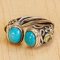 Peridot wrap ring, 'Boundless Memories' - Taxco Silver and Reconstituted Turquoise Ring with Peridot