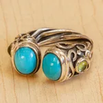 Peridot wrap ring, 'Boundless Memories' - Taxco Silver and Reconstituted Turquoise Ring with Peridot
