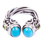 Peridot wrap ring, 'Boundless Memories' - Taxco Silver and Reconstituted Turquoise Ring with Peridot