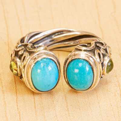 Peridot and turquoise wrap ring, 'Boundless Memories' - Taxco Silver and Reconstituted Turquoise Ring with Peridot