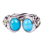 Peridot wrap ring, 'Boundless Memories' - Taxco Silver and Reconstituted Turquoise Ring with Peridot