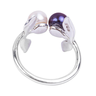 Cultured pearl wrap ring, 'Art and Wisdom' - Taxco Silver and Cultured Pearl Adjustable Ring from Mexico