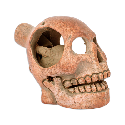 Molded and Painted Ceramic Skull Whistle from Mexico
