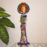 Ceramic sculpture, 'Catrina with Pineapple' - Ceramic Catrina Sculpture with Pineapple from Mexico