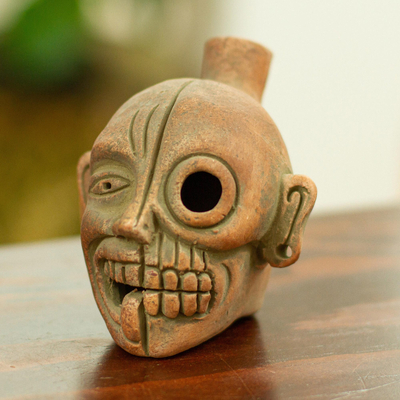 Pre-Hispanic Mictlantecuhtli Ceramic Ocarina Flute - Lord of the Underworld