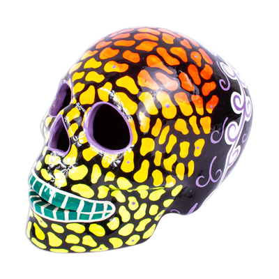 Multicolored Crackled Ceramic Skull Sculpture from Mexico