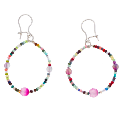 Beaded agate dangle earrings, 'Rainbow of Light' - Handcrafted Agate and Seed Bead Dangle Earrings with Silver