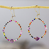 Beaded agate dangle earrings, 'Rainbow of Lilacs' - Handcrafted Purple Agate and Seed Bead Dangle Earrings