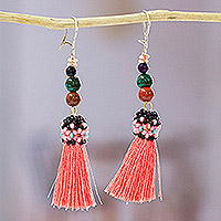Multi-gemstone tassel earrings, 'Playful Pink' - Handcrafted Agate Jasper Chrysocolla Pink Tassel Earrings