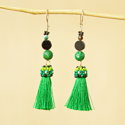 Obsidian and agate tassel earrings, Playful Green