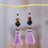 Agate and tiger's eye tassel earrings, 'Playful Purple' - Handcrafted Agate & Tigers Eye Beaded Purple Tassel Earrings