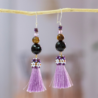 Agate and tiger's eye tassel earrings, 'Playful Purple' - Handcrafted Agate & Tigers Eye Beaded Purple Tassel Earrings