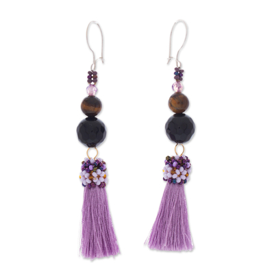 Handcrafted Agate & Tigers Eye Beaded Purple Tassel Earrings