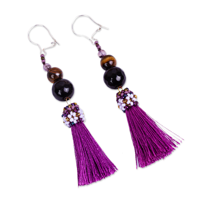 Latoir Boho Black Purple Gold Tassel Fringe Drop Beaded Gem Statement  Earrings | eBay