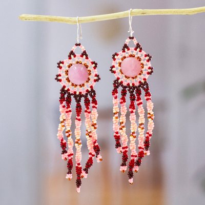 Beaded rose quartz waterfall earrings, 'Star Showers' - Handcrafted Rose Quartz and Seed Bead Waterfall Earrings