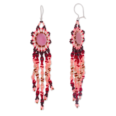 Beaded rose quartz waterfall earrings, 'Star Showers' - Handcrafted Rose Quartz and Seed Bead Waterfall Earrings